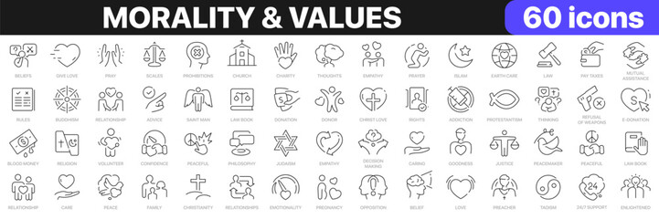 Morality and values line icons collection. Empathy, religion, donation, caring, family, belief icons. UI icon set. Thin outline icons pack. Vector illustration EPS10