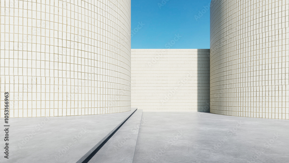 Poster modern building exterior, curve architecture with large brick wall. concrete floor, 3d rendering