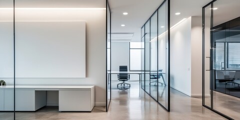 Modern office interior, minimalist design, glass partitions, monochrome color scheme, sleek conference room, white brick walls, polished floors, contemporary lighting, open workspace, clean lines, cor