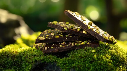 Rich dark chocolate and nutty pistachio bark create a luxurious treat, beautifully set against a deep green moss background for a gourmet presentation.