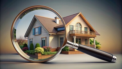 Magnifying Glass Focusing on a 3D Rendered House for Real Estate Marketing, Home Inspection, and Property Analysis