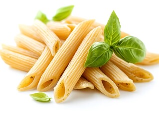 A delicious arrangement of whole wheat pasta garnished with fresh basil leaves, showcasing a healthy, appetizing meal.