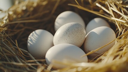Several white eggs carefully placed in a nest of straw grass, creating a rustic and organic look, soft shadows enhancing texture.