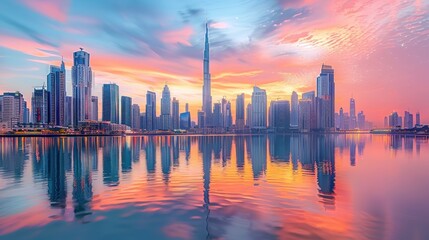 Fototapeta premium A vibrant cityscape skyline with tall skyscrapers reflecting in the water at sunrise.