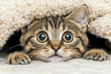 A humorous cat peeking out from under fluffy layers in a cozy indoor environment