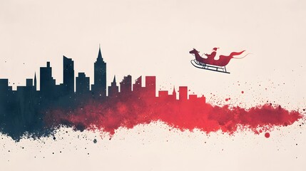Fototapeta premium Santa's Sleigh Soars Over a Colorful Cityscape in a Magical Winter Wonderland of Wonder. Christmas in Snow Globe Concept
