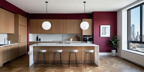 Obraz premium Modern kitchen interior, burgundy accent wall, white cabinets, wooden floor, minimalist design, large windows, pendant lights, kitchen island with bar stools, clean lines, contemporary appliances, nat