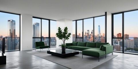 Fototapeta premium Luxurious penthouse living room, floor-to-ceiling windows, panoramic city skyline view, Manhattan skyscrapers, modern green velvet sofa, glass coffee table, potted plant, hardwood floors, sunset light