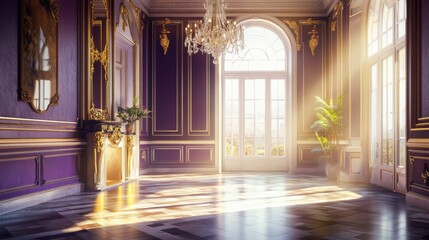Fototapeta premium Spacious luxury room with rich purple walls, golden accents, and a grand chandelier, sunlight pouring in through large windows onto polished floors