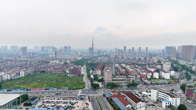 Drone view of Danyang Cityscape in Jiangsu Province, China. Danyang is a county-level city located on the southwest bank of the Yangtze River under the administration of Zhenjiang.