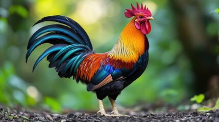 Fototapeta premium A rooster with vibrant red, orange, blue, and black feathers stands on a patch of brown dirt, with a blurred green background.