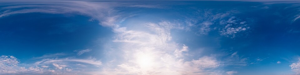 Fototapeta premium Sky 360 panorama - Bright blue sky filled with fluffy white Cumulus clouds. Seamless hdr spherical 360 panorama. Sky dome, sky replacement for aerial drone 360 panoramas. Weather and climate change
