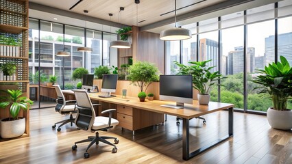 Modern Office Space with Glass Partition and Desks Featuring Computers and Green Plants for Contemporary Work Environments