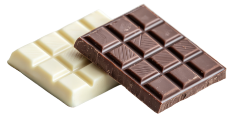 Two types of chocolate bars, one dark and one white, on a white isolated background..Transparent background