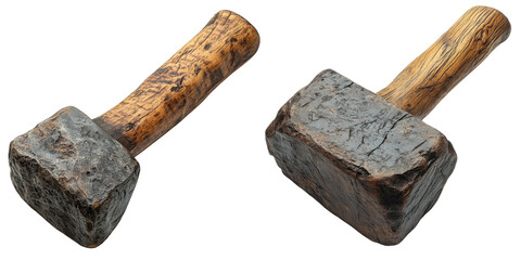 Two vintage wooden mallets with textured stone heads on white isolated background..Transparent background