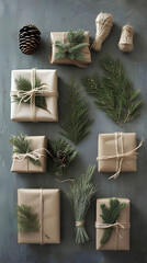 Rustic holiday layout with brown packages, twine, and pine on gray