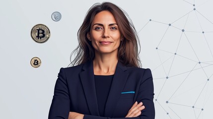 A confident woman executive poses with cryptocurrency symbols in a modern office setting, showcasing her leadership role in finance and technology