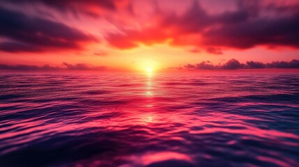 Fototapeta premium A vibrant sunset over the ocean with dramatic, colorful clouds reflecting in the water.