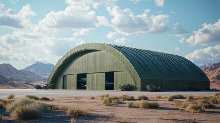 Desert Hangar: A massive, olive-green aircraft hangar stands solitary in a sun-drenched desert landscape, mountains in the background.  The scene evokes a sense of remoteness and military might.