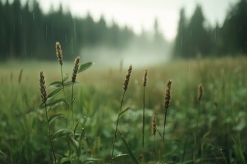 Fototapeta premium Rainfall gently drapes over a tranquil meadow filled with tall grasses and wildflowers in a serene natural landscape