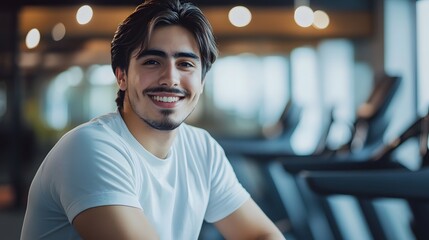 Happy young hispanic man sitting on a treadmill. 