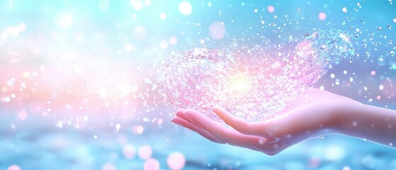 A serene hand reaching out, releasing glowing sparks and vibrant light, symbolizing magic and positivity in a dreamy setting.