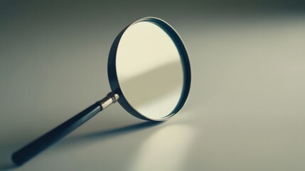 Magnifying Glass Investigation: Close-up view of a vintage magnifying glass resting on a reflective surface, casting a subtle shadow.  The image evokes a sense of mystery and meticulous detail.