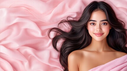Naklejka premium A serene portrait of a young woman with long hair, posed gracefully on soft pink fabric, radiating beauty and tranquility.