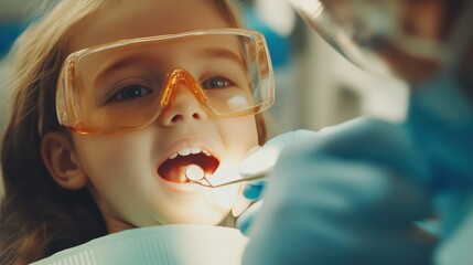 Pediatric dental checkup with protective eyewear and dental tools
