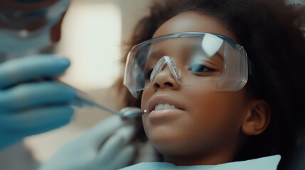 Child at dentist's office wearing protective eyewear during checkup