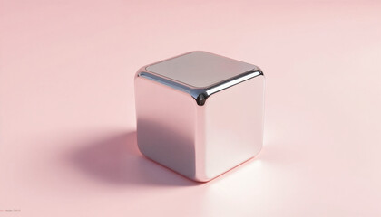 3D render of a chrome cube with sharp edges and soft shadows set against a light pink background