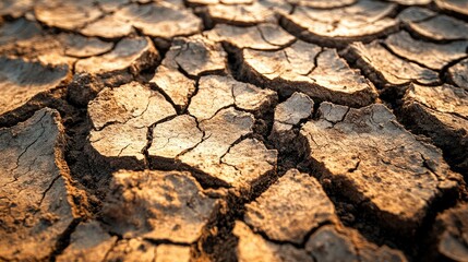 The parched surface of dry, cracked earth, with deep fissures cutting through the barren landscape, a symbol of extreme drought conditions