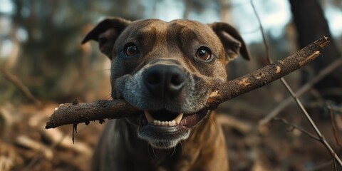 Brown Dog Holding Stick