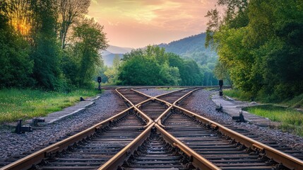 Obraz premium View of multiple railroad switches converging at a junction, with trees in the background, the scene brightly lit by midday sun, creating a scenic industrial landscape