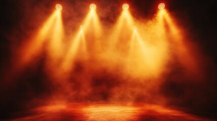 Fototapeta premium Warm red and yellow spotlights beam down on an empty stage with soft smoke drifting in the background, evoking concert vibes
