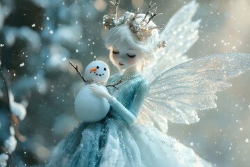 Obraz premium A whimsical fairy with delicate wings holding a snowman amid falling snowflakes, radiating a magical winter atmosphere.