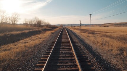 Obraz premium Wide-angle shot of a railroad switch system on a bright day, train tracks weaving through a rural landscape, sunlight gleaming on the steel
