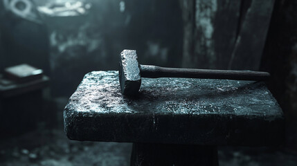 dark moody blacksmith shop hammer on anvil  tool workshop  industrial  metal forging close up  detailed texture