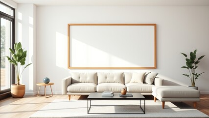 Fototapeta premium Spacious living room with a large, empty frame above a white sectional sofa, accented with a coffee table and a side table with a vase, all situated on a light rug