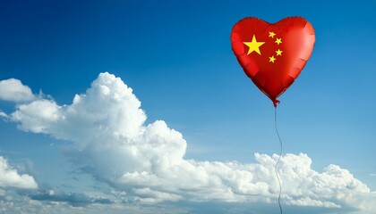 Fototapeta premium 中国の国旗のハート型の風船と青空(China flag heart-shaped balloon and blue sky.) 