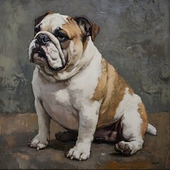 Obraz premium A charming bulldog sits proudly, showcasing its thick, wrinkled face and distinctive coat, set against a muted background.