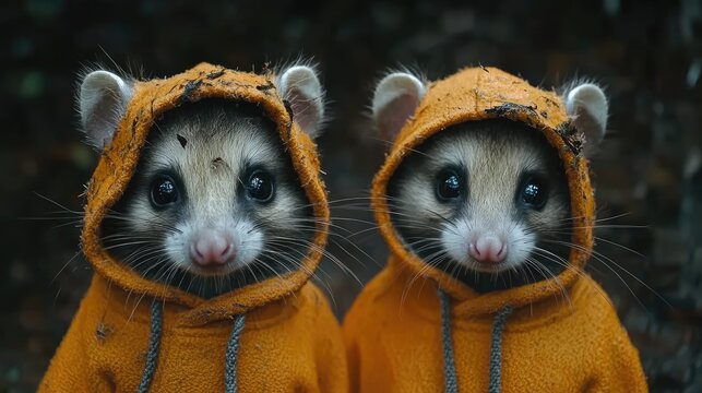 Two adorable olingos wearing orange hoodies.
