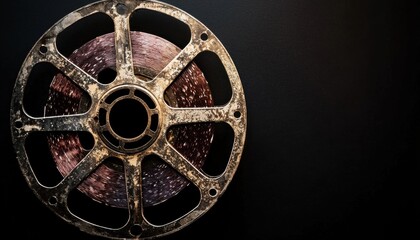 A vintage film reel rests against a dark background, highlighting its intricate design and nostalgic significance in cinema history.
