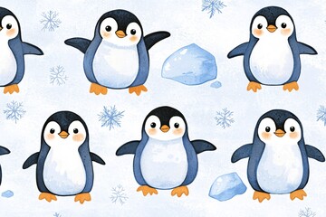 Obraz premium Cute Penguins with Ice and Snowflakes Background