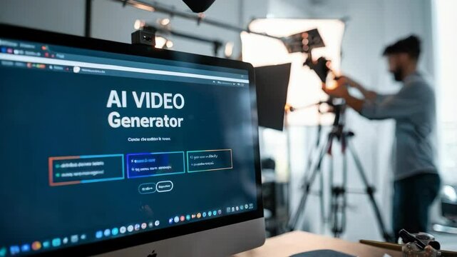 A workspace featuring an AI video generator on a computer screen with a person filming.