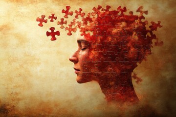 Woman's Profile with Floating Puzzle Pieces, Symbolizing Memory and Self-Reflection