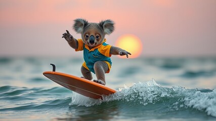 A furry friend embraces the thrill of riding a wave, the setting sun painting the sky with vibrant hues as the ocean's gentle roar accompanies this exhilarating moment.