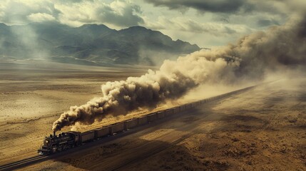 A long steam locomotive pulling freight cars through a desert landscape, with steam and dust swirling around.