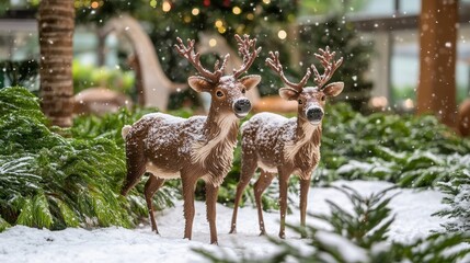 Tranquil Christmas Magic: Reindeer Amid Snow-Dusted Greenery in Singaporean Holiday Spirit
