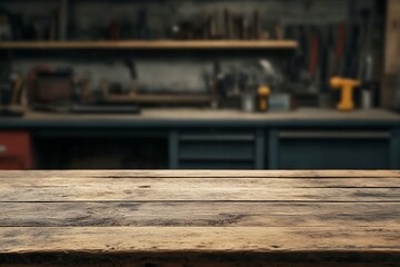 Wooden Tabletop with Blurred Workshop Background